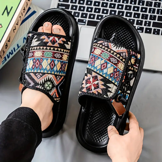 Men's Breathable Slip-On Open-Toe Sandals with Striped Pattern - Comfortable